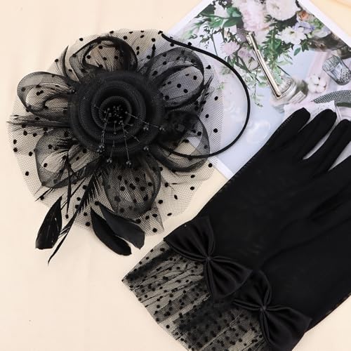 Womens Fascinators Hats and Gloves Set Short Lace Gloves Tea Party Flower Mesh Hair Clips - color: Black