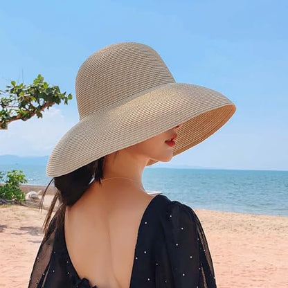 Women's Floppy Wide Brim Summer Beach Straw Hat UPF 50+ Sun Hat - color: Beige