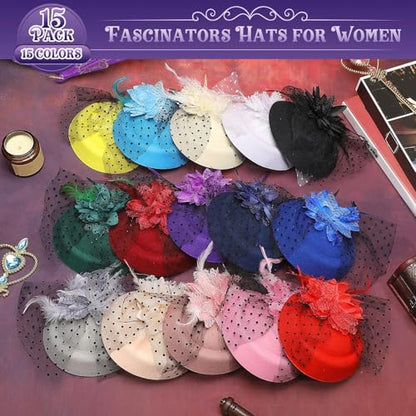 Jeyiour 15 Pcs Tea Party Fascinators for Women with Veil - color: Classic Color