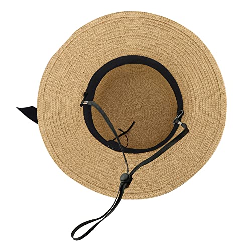 Girls Wide-Brim Straw Sun-Hat for Summer Beach with Bow - color: Khaki(bow-straw Hat), size: 9-17 Years