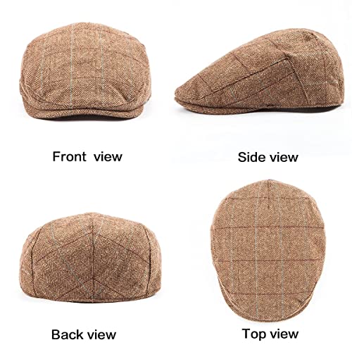 Herringbone Flat Ivy Newsboy Cap for Men 1920s Wool Blend Tweed Cabbie Hat - color: 002 Plaid Brown, size: Small-Medium