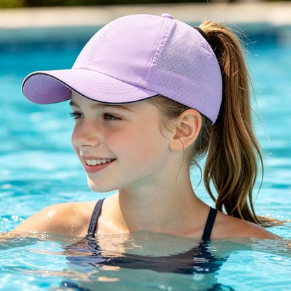 Girls Criss Cross Ponytail Hat Mesh Baseball Cap Kids Quick Dry Ponycap Hats Outdoor Summer Sports Hat Age 7-12 - color: Purple