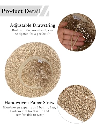 Womens Sun Hat Handmade Crochet Straw Bucket for Summer Foldable Travel Cap - color: Beige & Coffee