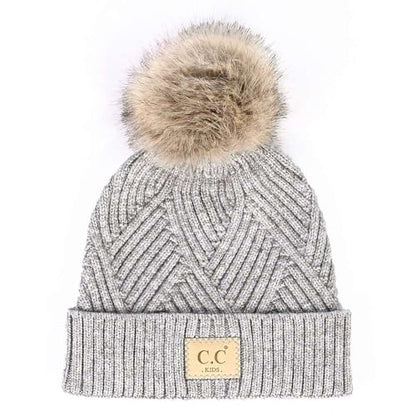 C.C Kids' Suede Patch Snuggly Soft Warm Knit Pom Cuff Beanie - color: Criss Cross Faux Fur, Light Melange Gray Mix