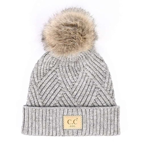 C.C Kids' Suede Patch Snuggly Soft Warm Knit Pom Cuff Beanie - color: Criss Cross Faux Fur, Light Melange Gray Mix