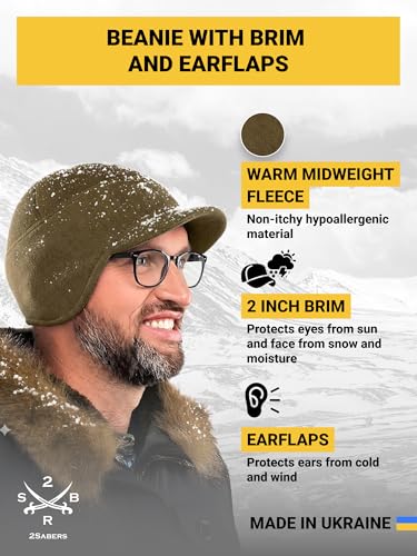 2SBR 2SABERS Fleece Winter Beanie with Visor - Men Women - Earflap Brim Skull Watch Cap Hat - color: Olive Green, size: Small