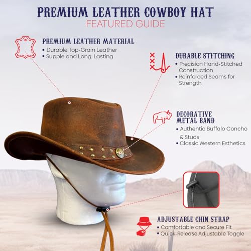 Equine Care Leather Cowboy Hat for Men & Women, Genuine Leather Western - color: Distressed Brown, size: 7 1/4-7 3/8