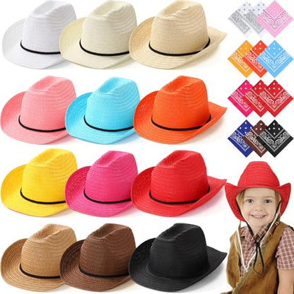 SATINIOR 12 Set Kids Cowboy Hats Bulk with Bandanas - color: Colorful Colors