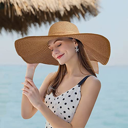 Floppy Big Beach Straw Hats for Women Foldable Summer Wide Brim Packable Sun Hat Womens Travel Straw Fedora Hat - color: Khaki-2