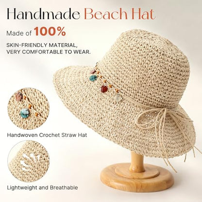 Beach Sun Hats for Women, Wide Brim Straw Hat, UPF 50+ UV Protection - color: Beige - Shell