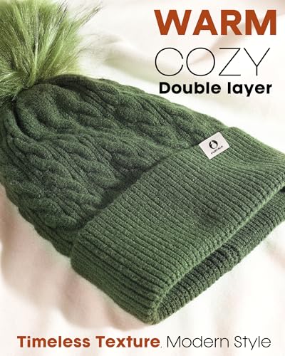 FURTALK Winter Hats for Women Fleece Lined Pom Pom Beanie Warm Knit Cap - color: Green