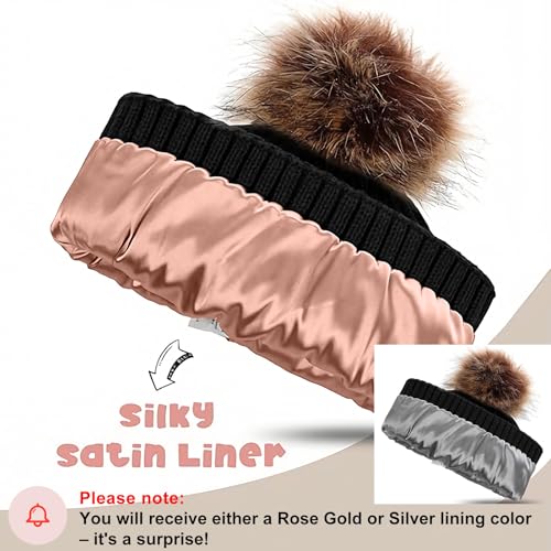 LiuSuper Kids Winter Hat, Girls Beanies 7-14, Satin Lined Beanie for Girls, Pom Pom Silk Lined Cuffed Beanie - color: White