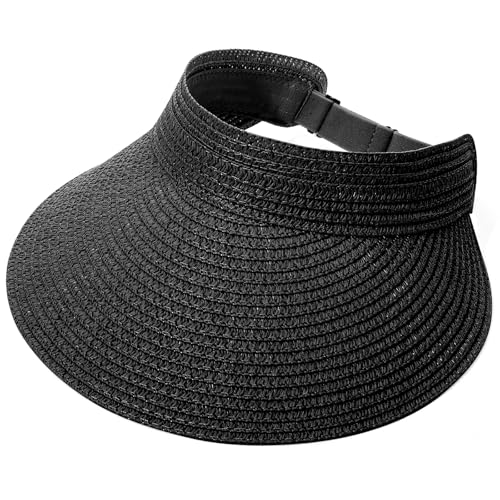 Chicingyou Sun Visor Hat for Women Wide Brim Straw Visors Beach Hat Ponytail UV UPF Packable Foldable Travel - color: Black