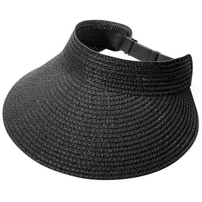 Chicingyou Sun Visor Hat for Women Wide Brim Straw Visors Beach Hat Ponytail UV UPF Packable Foldable Travel - color: Black