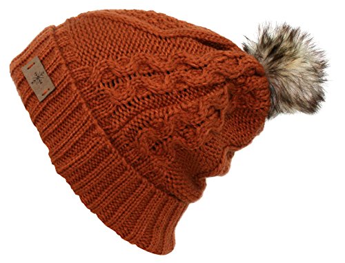 Women's Winter Fleece Lined Cable Knitted Pom Pom Beanie Hat - color: Rust