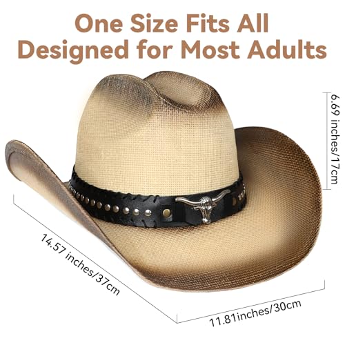 WQWOVRVO Cowboy Hat,Cowgirl hat,Brown Cowboy Hats for Women/Mens Straw Wide with Shapeable Brim Western Cowboy Hat for Womens - color: Beige & Coffee Color