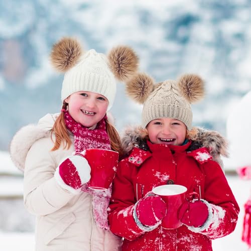 Geyoga 3 Pcs Winter Baby Beanies Double Pompom - color: Light Pink, Cream White, Khaki