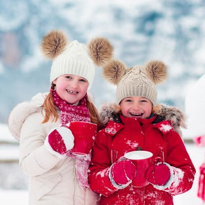Geyoga 3 Pcs Winter Baby Beanies Double Pompom - color: Light Pink, Cream White, Khaki