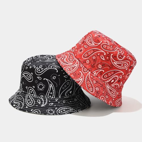 Quanhaigou Bucket Hats Unisex Summer Travel Beach Fisherman Cap for Men Women Teens - color: Red Black Paisley