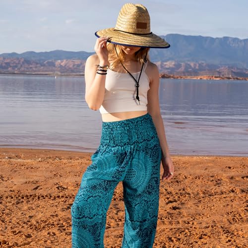Women's Wide Brim Straw Sun Hat for Beach, Lifeguard Style, Hand-Woven Rush & Mat, Adjustable Chin Drawstring - color: The Jojo