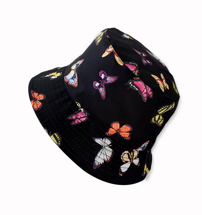 Reversible Packable Butterfly Print Bucket Hat for Men, Women, Girls, Boys - color: Black