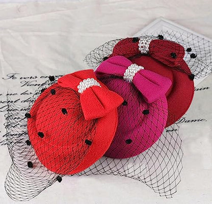 Fascinators Hats Pillbox Hat for Girl and Women - color: Pink-fascinator With Bowknot Veil