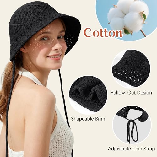 Ababalaya Women’s Lightweight Cotton Crochet Bucket Hat - color: Black