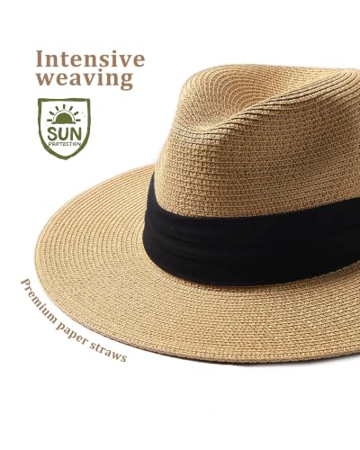FURTALK Sun Hat Wide Brim Straw Fedora Panama Beach for Men Women - color: Khaki, size: Large-X-Large