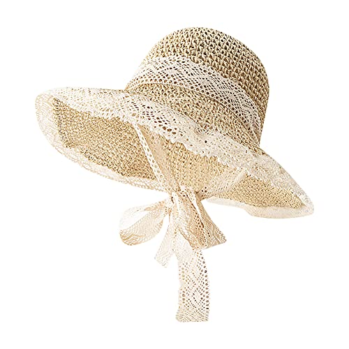Women Wide Brim Straw Sun Hat Floppy Beach Cap UV Protection Crochet Bucket Hat Packable Summer Travel Hat with Lace Brim - color: Beige