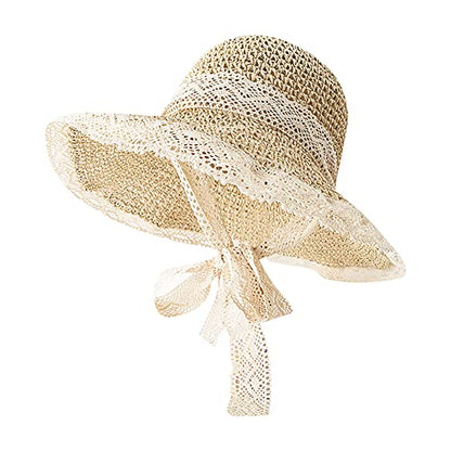 Women Wide Brim Straw Sun Hat Floppy Beach Cap UV Protection Crochet Bucket Hat Packable Summer Travel Hat with Lace Brim - color: Beige