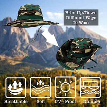 BaHoki Essentials Military Style Bucket Hat - Camo Outdoor Hat with Adjustable Strap - Wide Brim Safari Hat - style: Woodland