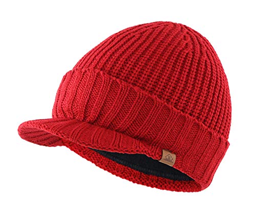 Home Prefer Men's Winter Hat Thick Knit Beanie Cap with Visor Newsboy Beanie Hat - color: Wine Red