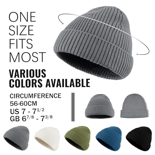 Croogo Knit Beanie Hat Fisherman Ski Caps Fall Winter Warm Knitted Ribbed Cuffed Skull Cap Slouchy Toboggan Cap for Men Women - color: Kh43-gray