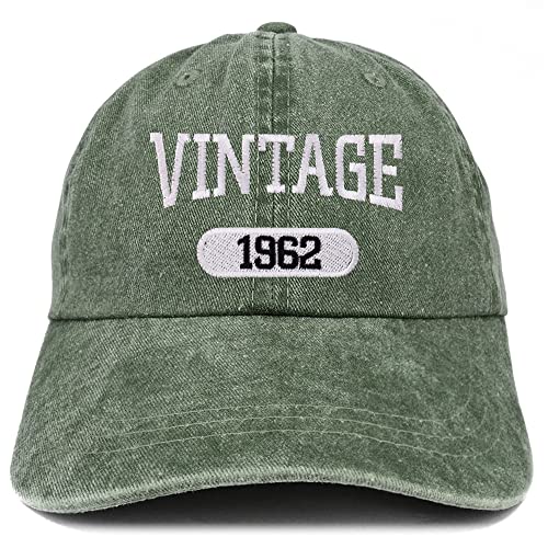 Trendy Apparel Shop Vintage 1962 Embroidered 63rd Birthday Soft Crown Washed Cotton Cap - color: Dark Green