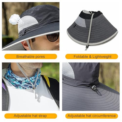 HUAMULAN Men Wide Brim Sun Hat Summer Outdoor Women Bucket Fishing Hats - color: E-yp02-black