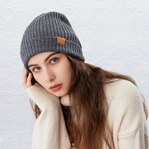 100% Merino Wool Cuff Beanie Hat, Unisex Warm Winter Caps Soft, Breathable & Cozy Stretchy Knitted Cuffed Cap - color: Grey