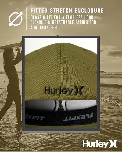 Hurley Mens Textured Fitted Baseball Cap, Moisture Wicking, Curved Brim - color: Olive Canvas, size: Small-Medium