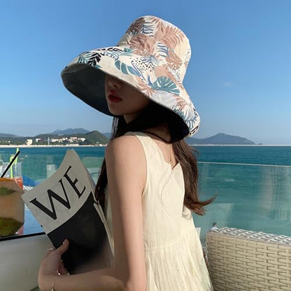 Women Wide Brim Sun Protection Hat Summer Fishing Hats - color: Blue and Leaf Print