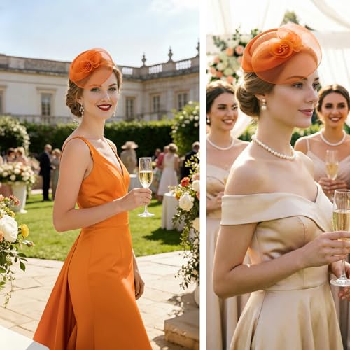 DRESHOW Fascinator Hats for Women Cocktail Tea Party Hat Netted Pillbox Hat Vintage Derby Hats for Bridal Wedding - color: Pillbox Hat: Orange