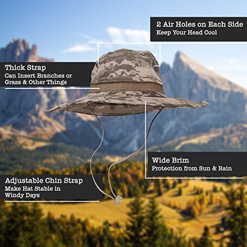BaHoki Essentials Military Style Bucket Hat - Camo Outdoor Hat with Adjustable Strap - Wide Brim Safari Hat - style: Acu