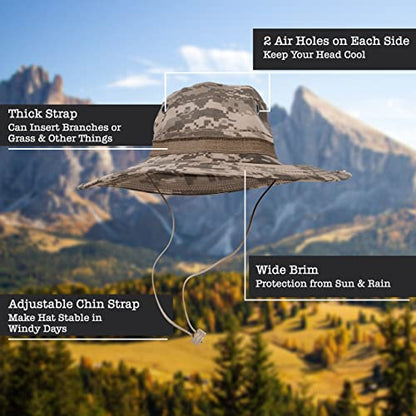 BaHoki Essentials Military Style Bucket Hat - Camo Outdoor Hat with Adjustable Strap - Wide Brim Safari Hat - style: Acu