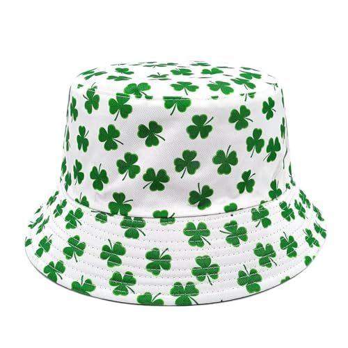 Printed Bucket Hat - Reversible Packable Summer Travel Beach Sun Cap for Men Women Teens - color: Clover White Green