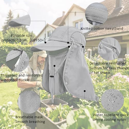 2Pack Men’s Foldable Sun Hat with Removable Face Mask & Neck Flap, UPF 50+ UV Protection, Quick-Drying Outdoor Fishing Cap - color: Light Grey+light Grey