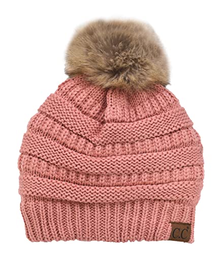 C.C Trendy Fuzzy Fleece Lined Warm Comfortable Soft Stretch Cable Knit Ribbed Faux Fur Pom Pom Beanie Hat - color: Salmon Pink