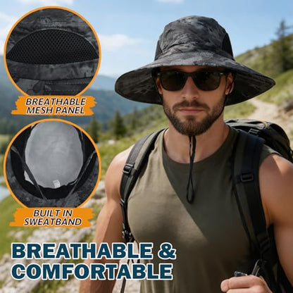 Wide Brim Sun Bucket Hat, Waterproof Boonie Hat for Men & Women - color: 05 Grey (Camo)