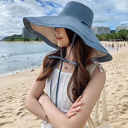 HUAMULAN Women Summer Vacation Wide Brim Sun Hat Reversible Fishing Hats - color: Bluebeige