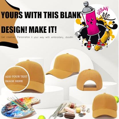 ZH Plain Adjustable Baseball Cap - Lot of 12 Unisex Blank Design Caps - color: Gold