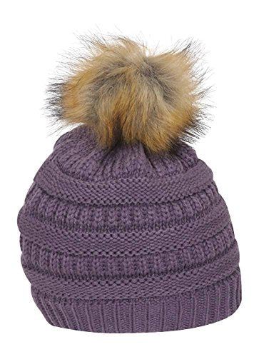 Gravity Threads Cable Knit Faux Fur Pom Pom Beanie Hat - color: Violet