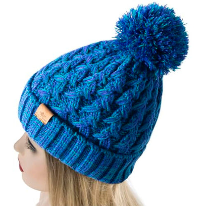 PAGE ONE Womens Winter Ribbed Beanie Crossed Cap Chunky Cable Knit Pompom Soft Warm Hat - color: Dark Blue
