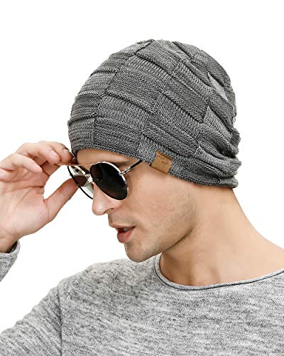 Vgogfly Slouchy Beanie for Men Winter Hats for Guys Cool Beanies Mens Lined Knit Warm Thick Skully Stocking Binie Hat Pairs - color: Dark Grey / Army